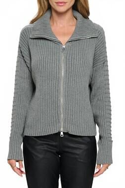 NEW RENEE C cotton rib zip sweater in heather grey